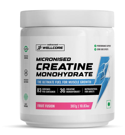 Wellcore - Pure Micronised Creatine Monohydrate Powder|(307 G,83 Servings)|Fruit Fusion|Rapid Absorption|Enhanced Muscle Strength & Power|Fast Recovery|Increased Muscle Mass