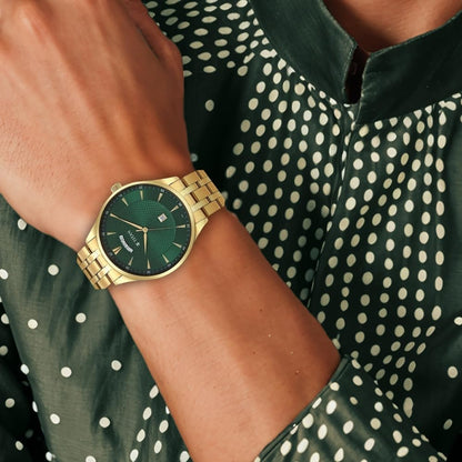 Titan Opulent LII Quartz Analog with Day & Date Green Dial Gold Stainless Steel Strap Watch for Men - NT90127YM03