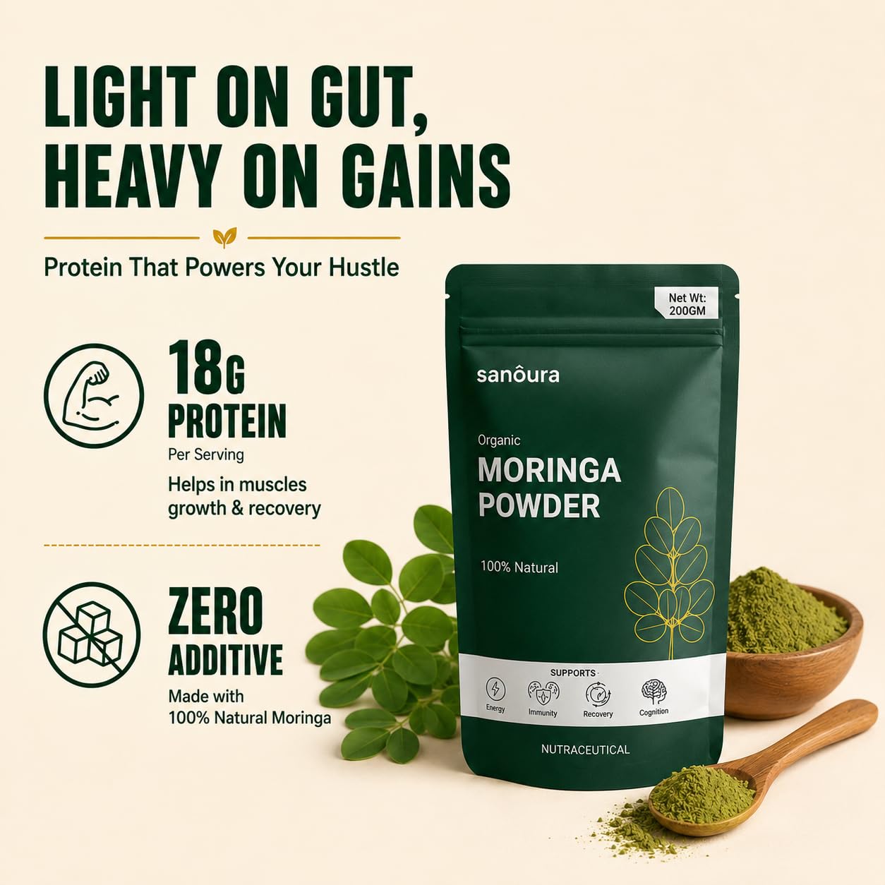 Sanoura Organic Moringa Powder 200g | Pure Leaf Powder | Lab Tested | Daily Wellness & Energy