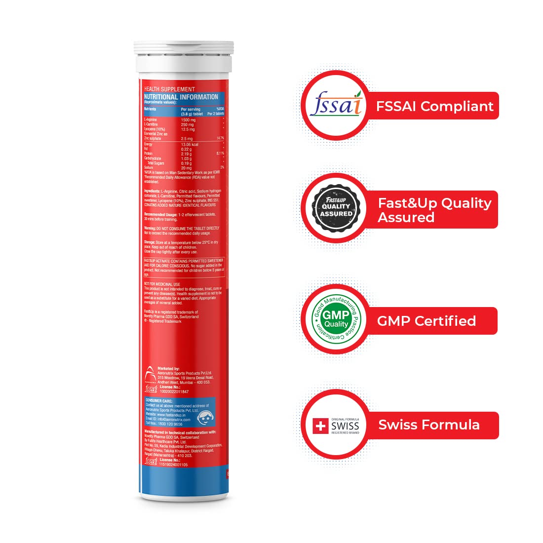 Fast&Up Activate- Caffeine Free Pre-training Drink- 1500 mg L-Arginine & other Active Nutrients- Prevents Oxidative Stress, Boosts Stamina & Metabolism-Orange Flavour- Pack of 20 Effervescent Tablets