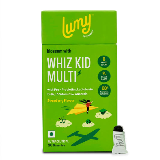 Lumy Whiz Kid MultiVitamin Gummies: Pre+Probiotic, DHA for Happy Gut, Bright Brains | Plant Vit D3 & Lactoferrin | Vit A,B,C, Zinc for Immunity, Vision & Bone Health | No Added Sugar, Veg | Age 7-15