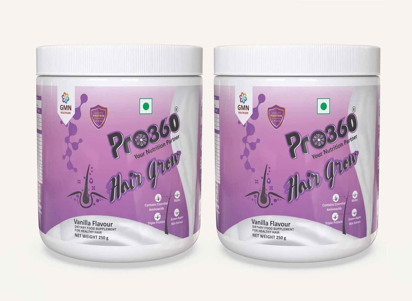 Pro360 Hair Grow Protein Powder for Healthy Hair Growth Nutrition Supplement for Men and Women - Enriched with Biotin and Green Apple Skin Extract - Vanilla Flavor (250+250) g Pack of 2