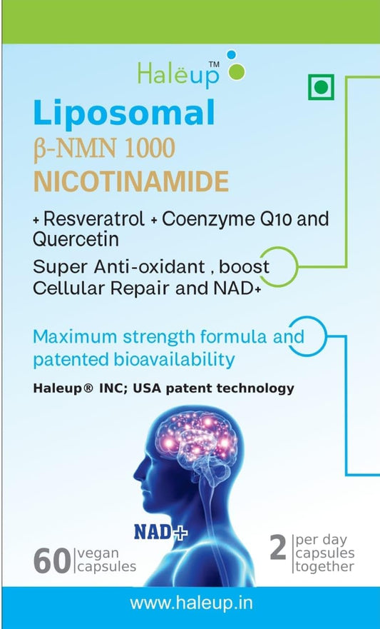 Haleup Liposomal NMN 1000 mg 3-in-1 Formula, Enriched with Resveratrol, Quercetin and CoQ10 |99.9% Pure |Healthy Ageing|Cellular Repair|Boost NAD+| Energy Levels| Skin Health (Pack of 4)