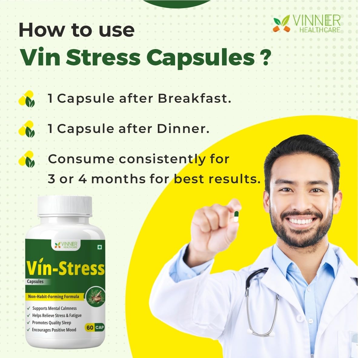 Vin-Stress Capsules | Ayurvedic Stress Relief & Sleep Support | Herbal Supplement with Ashwagandha, Shankhpushpi, Brahmi, Jatamansi, Tagar & More | 60 Capsules