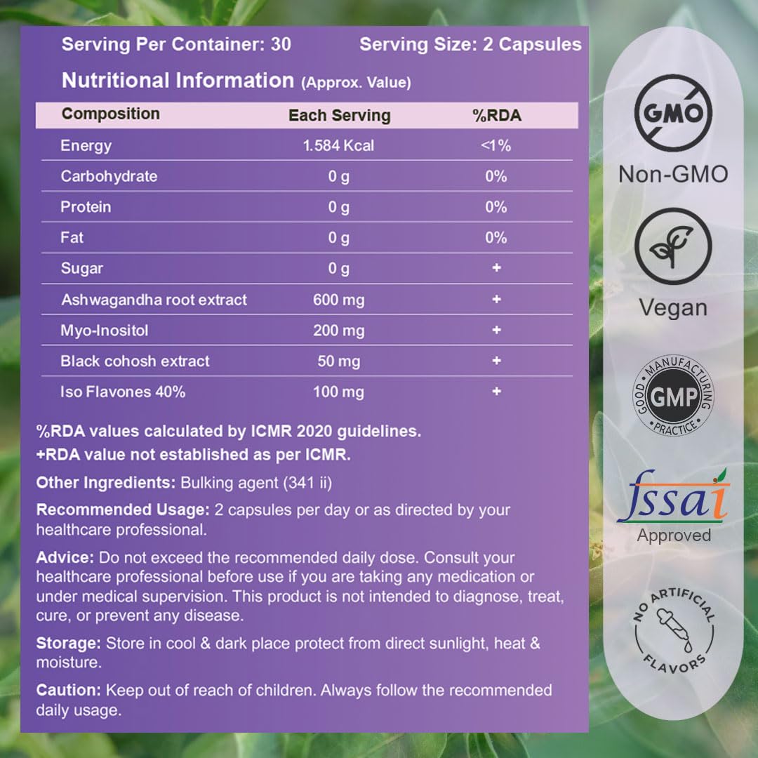 CUREFOREVER Womaneya Menopause Supplements for Women | Hormonal Balance, Hot Flashes & Mood Support | With Ashwagandha, Myo-Inositol, Black Cohosh & Isoflavones | 60 Veg Capsules