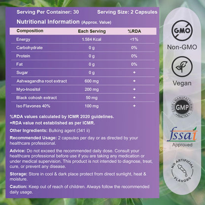 CUREFOREVER Womaneya Menopause Supplements for Women | Hormonal Balance, Hot Flashes & Mood Support | With Ashwagandha, Myo-Inositol, Black Cohosh & Isoflavones | 60 Veg Capsules
