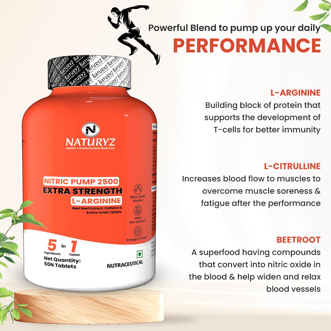 NATURYZ Nitric Pump 2500 Mg Extra Strength L-Arginine | L Citrulline | Caffeine | Boosts Stamina | Energy | Increases Blood Flow | Improves Performance | Ideal Pre-workout Supplement - 50 Tablets