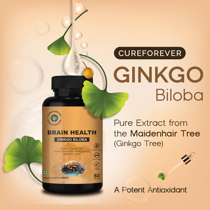 CUREFOREVER Ginkgo Biloba 240mg Tablets | Brain Health & Memory Support Supplement | Helps Improve Focus, Mental Clarity & Concentration | Herbal Cognitive Support | 60 Tablets - 30 Days Supply