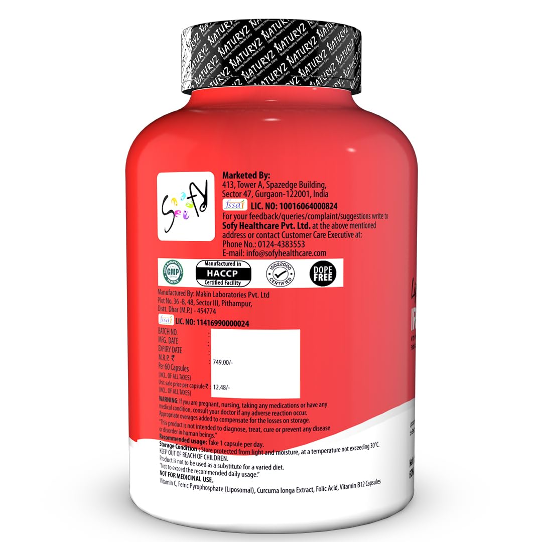 NATURYZ Liposomal Iron Capsules with Folic Acid, Vitamin B12, Vitamin C & Curcuma Longa | Liposomal Technology High Absorption Iron Supplement for Men & Women | Supports Hemoglobin, Energy & Immunity | Gentle on Stomach | 30 Veg Capsules