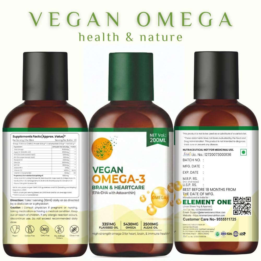 Vegan Omega 3 Oil – Algae Oil Omega with EPA DHA & Astaxanthin | Supplement for Heart, Brain, Eyes, Skin & Joints | High EPA DHA