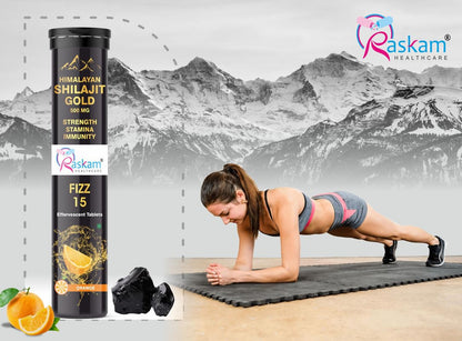 Raskam Shilajit Gold Fizz 15 Effervescent Tablets (Pack of 2) | With Ashwagandha, Gokshura & Safed Musli for Strength | Pure Himalayan Shilajit Gold For Men & Women in Orange Flavour, 500mg