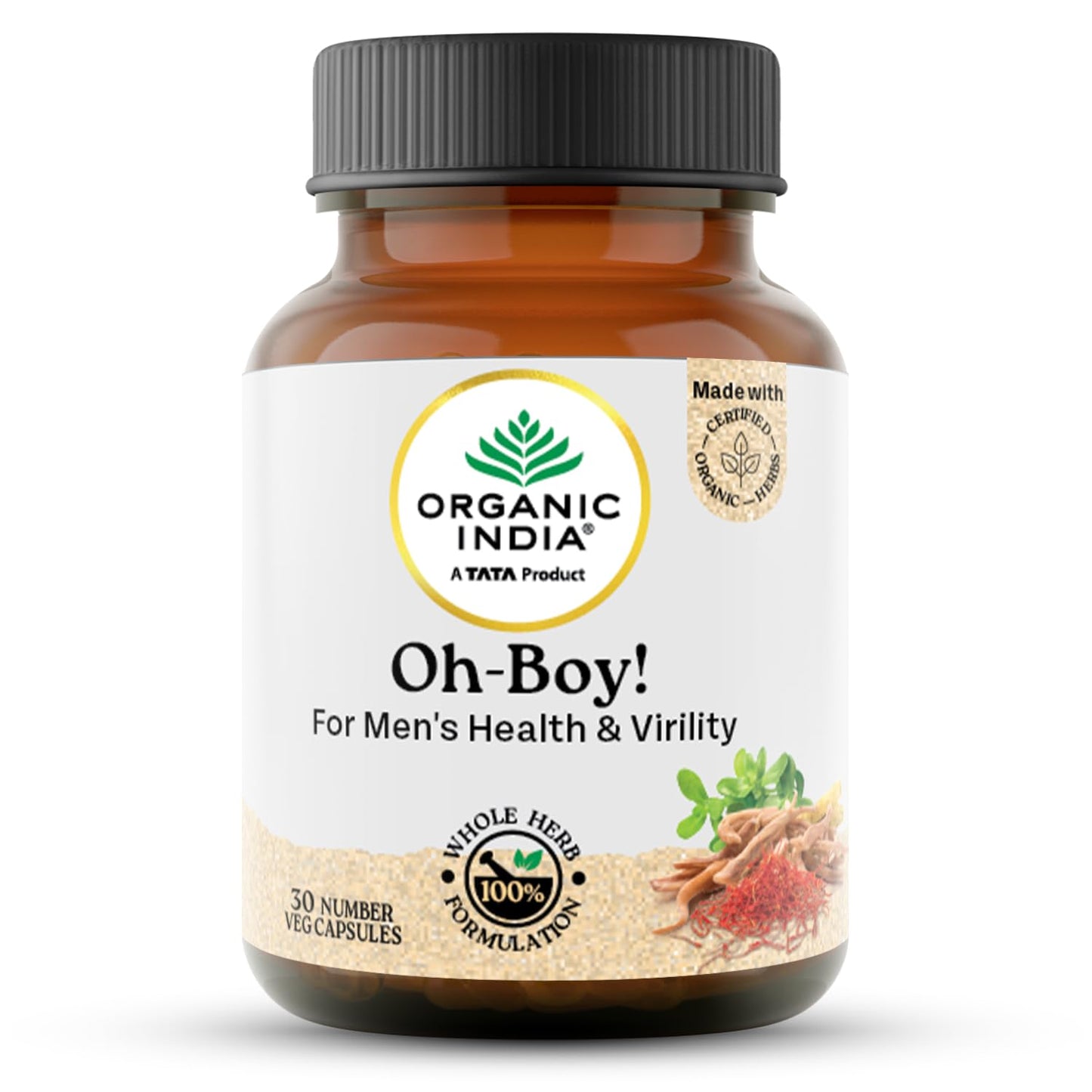 A TATA Product - Organic India OH-Boy - 30 Veg Capsules, Ashwagandha, Musli & Saffron, Helps Improve Men's Health & Vitality, Helps Boost Testosterone Levels, Reduce Stress & Anxiety GMP & NPOP Certified Organic
