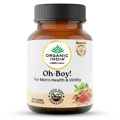 A TATA Product - Organic India OH-Boy - 30 Veg Capsules, Ashwagandha, Musli & Saffron, Helps Improve Men's Health & Vitality, Helps Boost Testosterone Levels, Reduce Stress & Anxiety GMP & NPOP Certified Organic