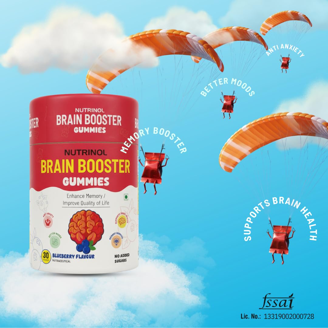 Knoll Healthcare Nutrinol Brain Booster Gummy | Boosts Memory, Focus & Concentration | Brain Fog Support | Improve Quality of Life Bacopa monneieri 60mg |Blueberry Flavour 30 Gummies (Pack of 2)