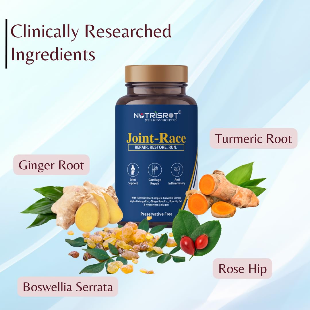 NUTRISROTÌ Joint-Race Ayurvedic Supplement For Joint Pain Relief With Boswellia Serrata, Turmeric Root Complex (10X High Bio-Available Curcumin), Rosehip Ext & Hydrolyzed Collagen (60 Veg Caps)