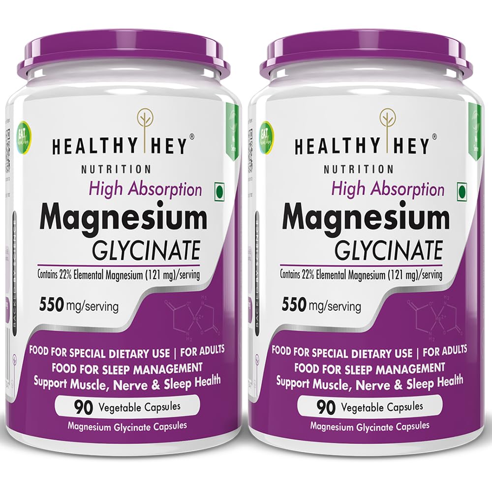 HealthyHey Nutrition High Absorption Magnesium Glycinate, 550mg - 90 Vegetable Capsules - Pack of 2