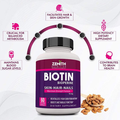 Zenith Nutrition Biotin 10000 mcg with Piperine 60 Caps| Lab tested | Hair Strong | Hair Growth