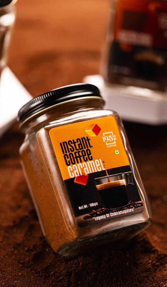 1952 Caramel Instant Coffee Powder | Premium Flavored Coffee | Rich & Creamy Taste | Easy to Brew Hot & Cold | Strong & Aromatic Instant Coffee | Makes 50 Cups 100 G, Jar