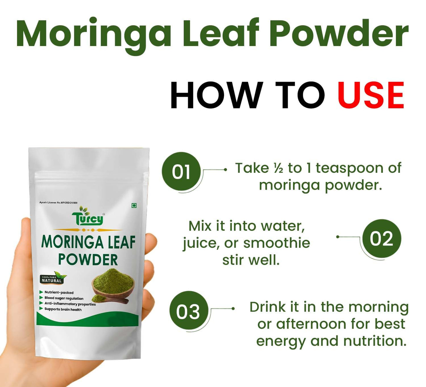 Turcy Moringa Leaf Powder 50g| Pure & Natural Organic | Essential Nutrition Superfood | Supports Energy, Stamina & Vitality | Rich in Vitamins & Minerals | Herbal Supplement for Wellness