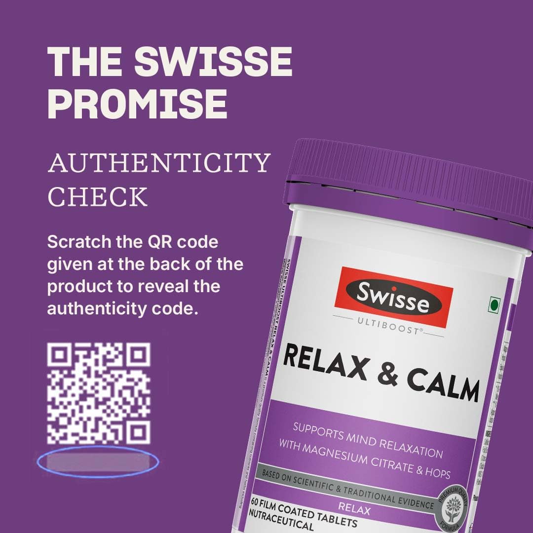 Swisse Relax & Calm - 300mg Magnesium Citrate with Hops & Inositol - Helps Muscle Recovery, Supports Mind Relaxation & Healthy Sleep Cycles | Non-Drowsy Everyday Formula (60 Tablets)