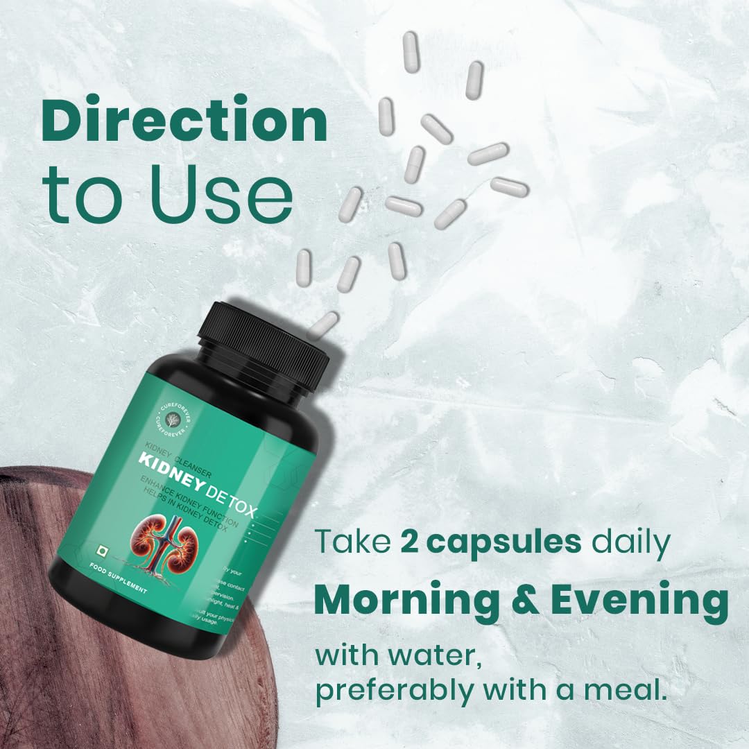 CUREFOREVER Kidney Detox & Cleanser Capsules | Herbal Formula with Varuna, Punarnava, Kapikachu & Flaxseed Extract | Plant-Based | Supports Kidney Health & Urinary Function - 60 Veg Capsules