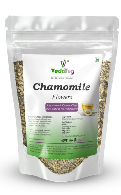 VY VedaYug Chamomile Tea for Sleep - 30g Whole Dried Chamomile Flower Tea for Relaxation & Evening Calm, Caffeine Free Loose Leaf Herbal Infusion for Better Nighttime Rest & Peaceful Mind