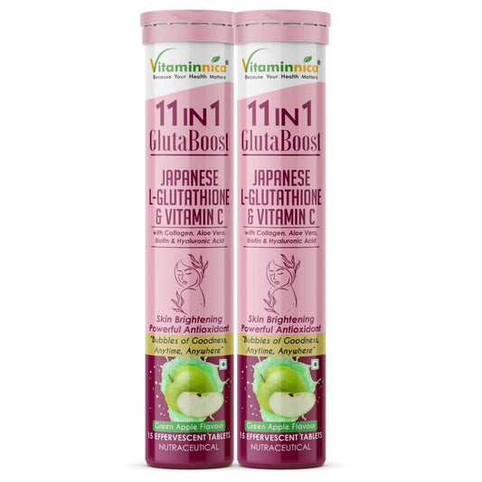 Vitaminnica Gluta Boost 11-in-1 Effervescent Tablets with Japanese L-Glutathione, Collagen, & Hyaluronic Acid | Skin Radiance & Beauty Supplement | 15 Tablets (Pack of 2, Green Apple)