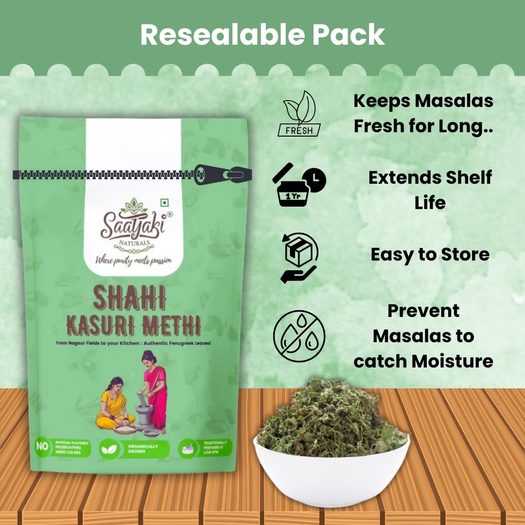 SAATYAKI NATURALS Organic Shahi Kasuri Methi 100% Pure, Freshly Ground Spice for Cooking, Non-GMO, Gluten-Free – Perfect for Curries, Marinades, and Seasoning (200gm)