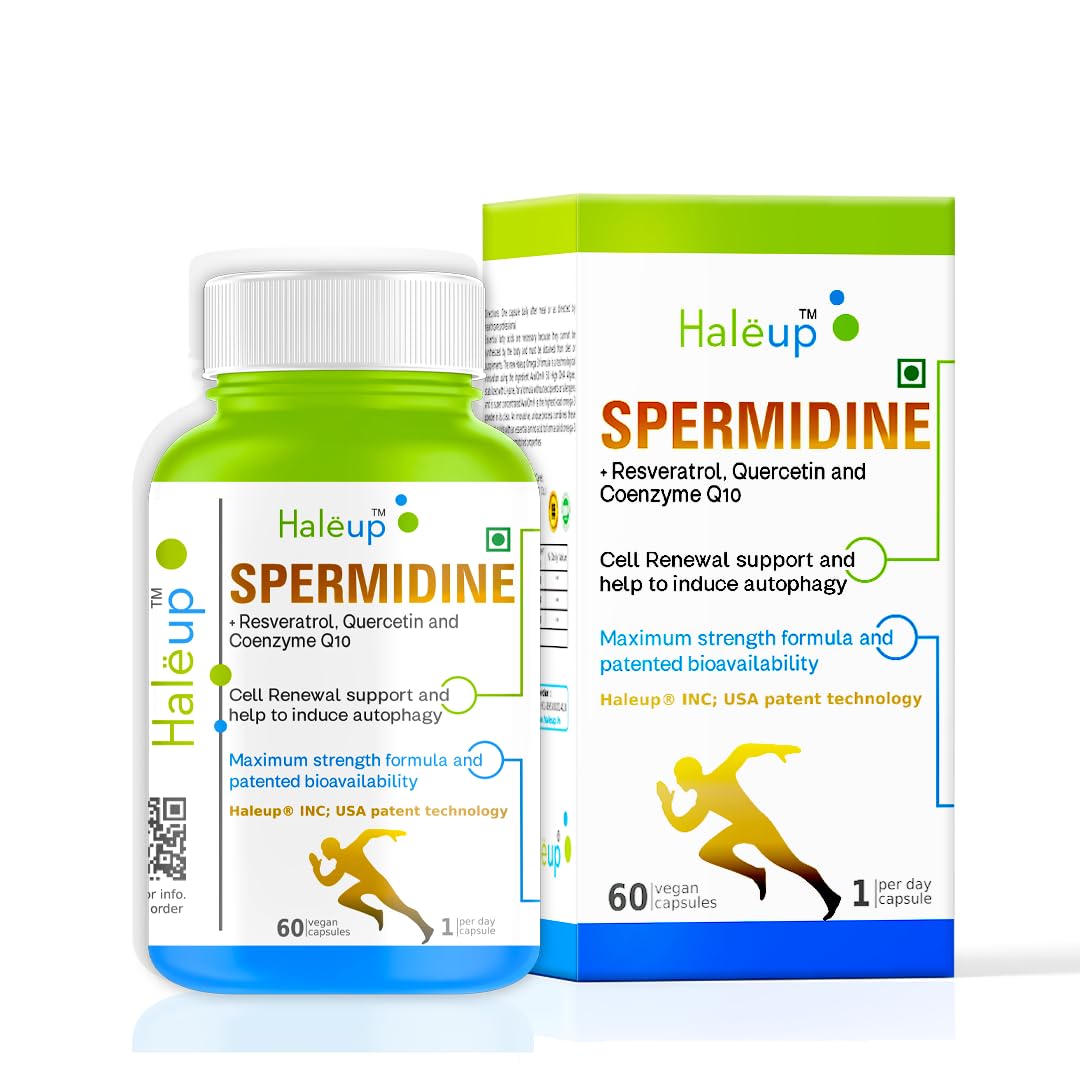 Haleup 99% Spermidine Trihydrochloride with Resveratrol| For Healthy Ageing | Autophagy| Cell Renewal | Immunity| Skin and Hair | Cognitive Support (1 pack X 60s count)