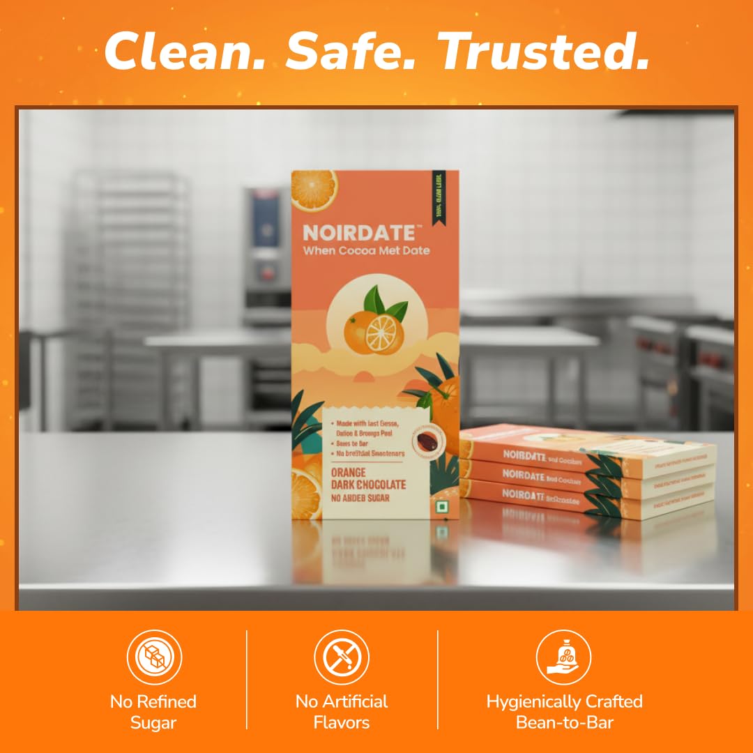 NoirDate Orange Dark Chocolate - 75g, Bean to Bar, Sweetened with Dates, Refined Sugar Free, Clean Label, Healthy & Tasty Indulgence, Vegan, Gluten-Free, Antioxidant Rich (Pack of 1)