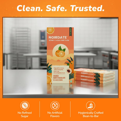 NoirDate Orange Dark Chocolate - 75g, Bean to Bar, Sweetened with Dates, Refined Sugar Free, Clean Label, Healthy & Tasty Indulgence, Vegan, Gluten-Free, Antioxidant Rich (Pack of 1)