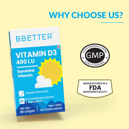 BBETTER Vitamin D3 Supplement for Immunity, Healthy Bones & Strong Muscles - 60 softgels of Vitamin D (Cholecalciferol) with the recommended daily dosage of 400IU