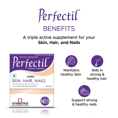 Perfectil 30 Tablets, Triple Action Formula Enriched With Biotin, Grape Seed Extract, For Healthy Skin, Hair, And Nails | Gluten Free Vegetarian Tablets(Pack Of 1)