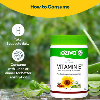 OZiva Plant Based Natural Vitamin E Capsules for Face & Hair with Sunflower oil, Aloe vera oil ,Argan oil, Vegan &Natural Vitamin E for Glowing Skin & Stronger Hair (Vitamin E, Pack of 1, 30 Capsules)