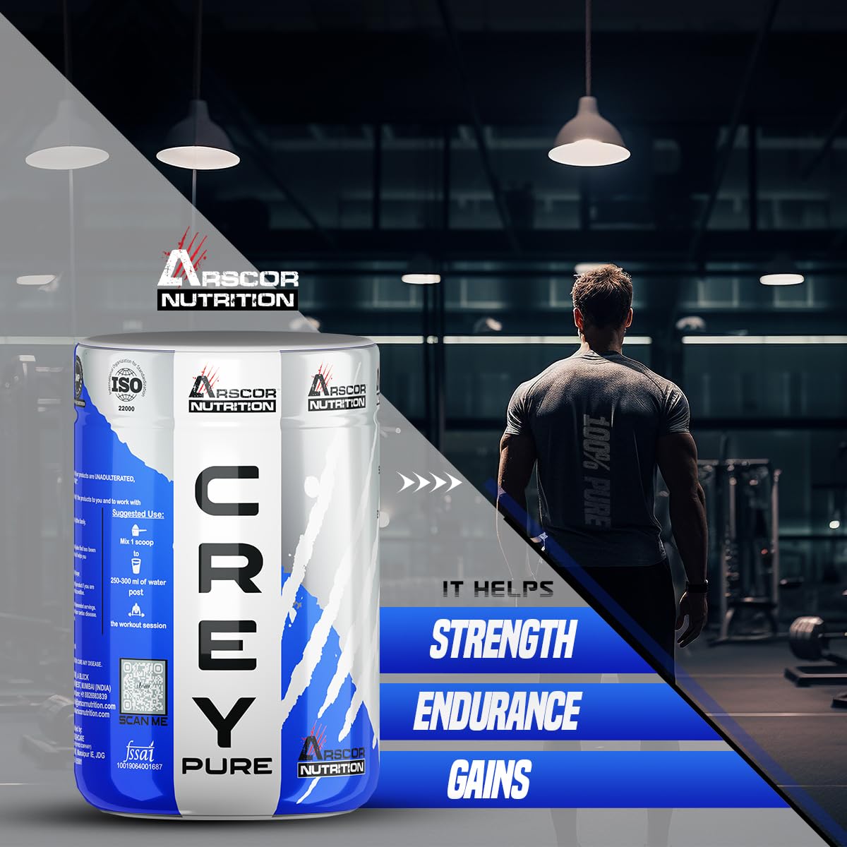 Arscor's Creypure Pure Creatine Monohydrate Powder – Creatine Powder, Pre Workout & Gym Supplement, Non-GMO & Gluten-Free (300g, Mango)