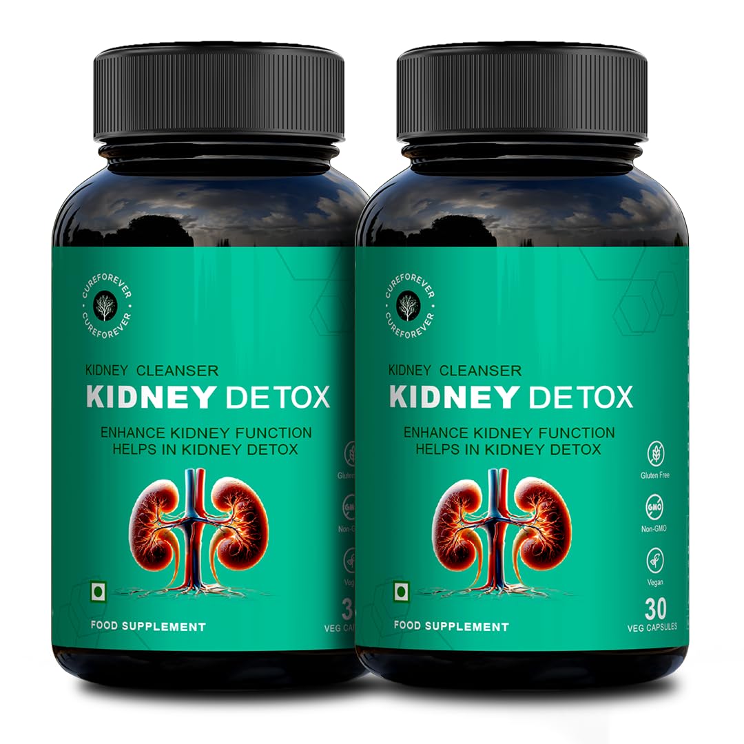 CUREFOREVER Kidney Detox & Cleanser Capsules | Herbal Formula with Varuna, Punarnava, Kapikachu & Flaxseed Extract | Plant-Based | Supports Kidney Health & Urinary Function - 60 Veg Capsules