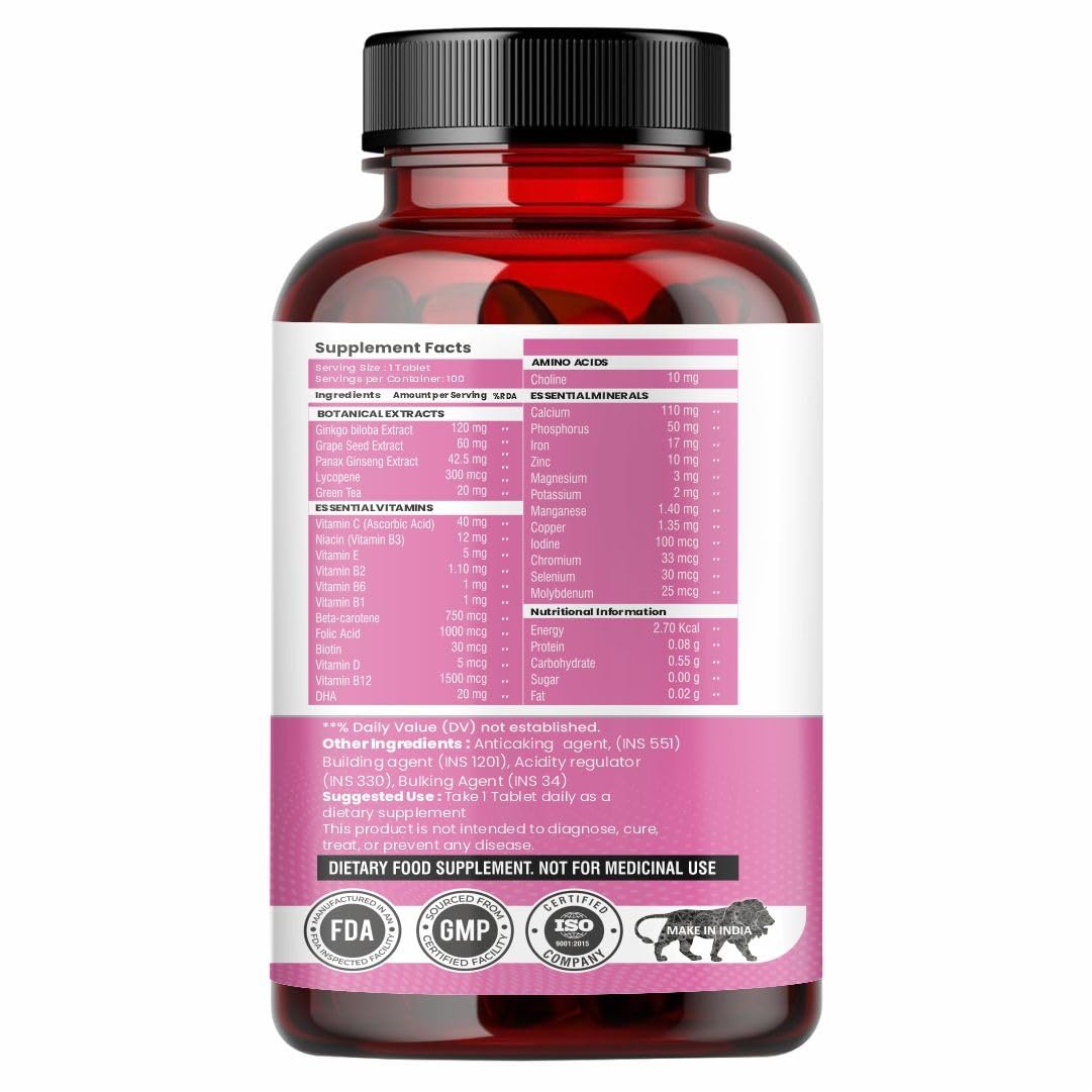 Raskam Multiwomen One Daily Multivitamin for WOMEN| 100 Tablets | 27 Premium Ingredients | Promotes Women's Well-Being | Supports Muscle Function | Boosts Immunity | Improves Memory & Focus