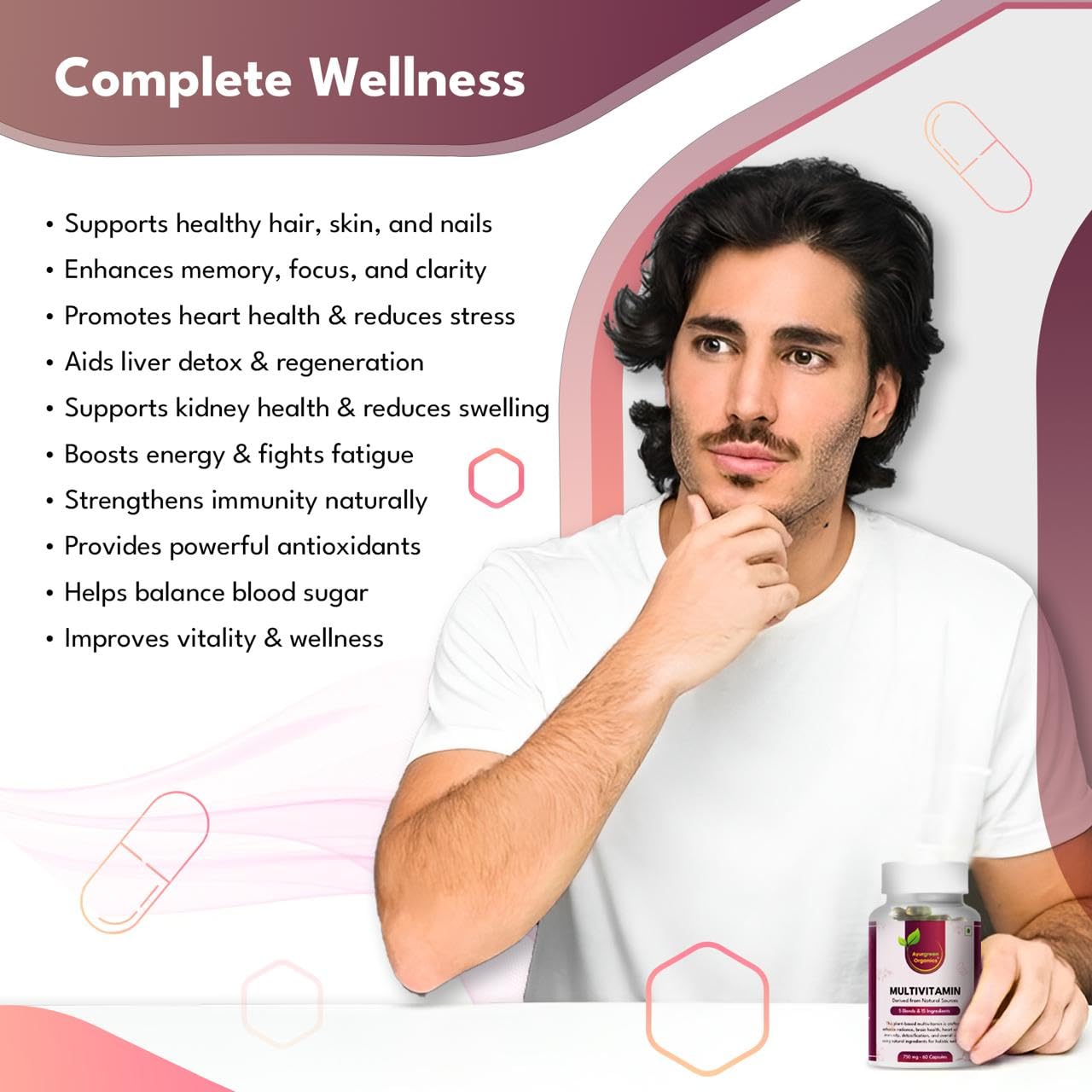 Ayurgreen Organics Multivitamin 750mg | 60 Veg Capsules | 5 Blends with 15 Natural Ingredients | Plant-Based Ayurvedic Formula | Non-GMO, Gluten-Free, No Additives, High Potency