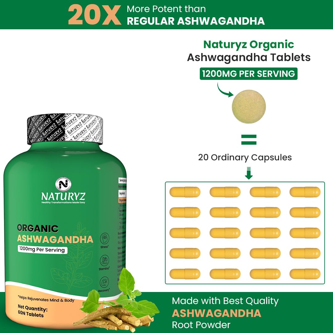 NATURYZ Organic Ashwagandha Highest Strength 1200mg tablets | Supports Stress Relief, Energy, Immunity & Muscle Recovery | Rejuvenate Mind & Body for Men & Women | Non-GMO, Vegan, Gluten-Free | USDA Organic Certified | Pesticides & Chemical Free - 60 Veg