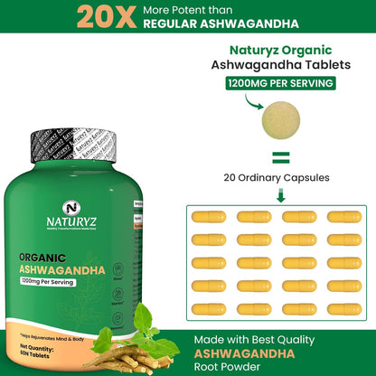 NATURYZ Organic Ashwagandha Highest Strength 1200mg tablets | Supports Stress Relief, Energy, Immunity & Muscle Recovery | Rejuvenate Mind & Body for Men & Women | Non-GMO, Vegan, Gluten-Free | USDA Organic Certified | Pesticides & Chemical Free - 60 Veg