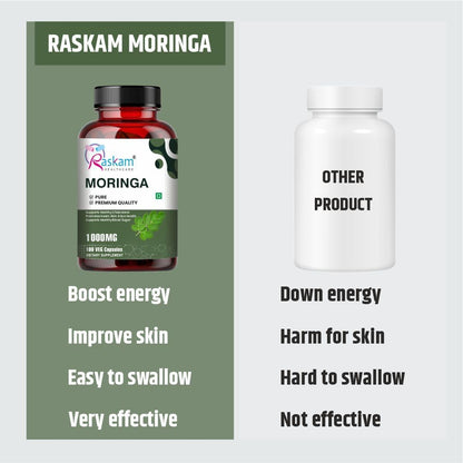 Raskam Moringa Capsules Organic (100 Capsules) 1000mg Green Superfood Moringa Oleifera Leaf Powder Capsules - Immunity & Metabolism Booster Nutritional Rich Supplement