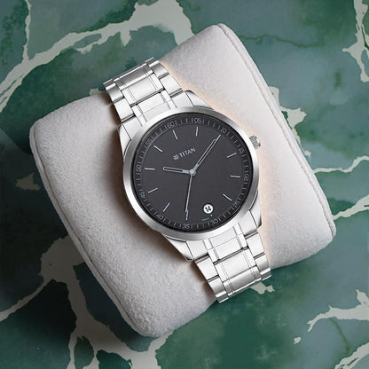 Titan Minimalist Quartz Analog With Date Anthracite Dial Silver Metal Strap Watch for Men - NP1806SM02
