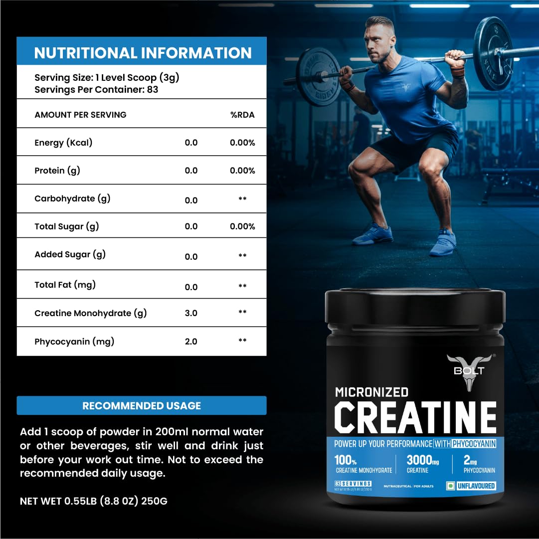 Bolt Micronised Creatine Monohydrate 3000 Powder|With Phycocyanine|Boosts Athletic Performance|Provides Energy Support For Heavy Workout|Formulated In Usa| 250 grams (0.55Lb),83 Serving|Unflavored
