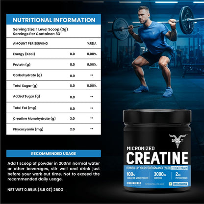 Bolt Micronised Creatine Monohydrate 3000 Powder|With Phycocyanine|Boosts Athletic Performance|Provides Energy Support For Heavy Workout|Formulated In Usa| 250 grams (0.55Lb),83 Serving|Unflavored