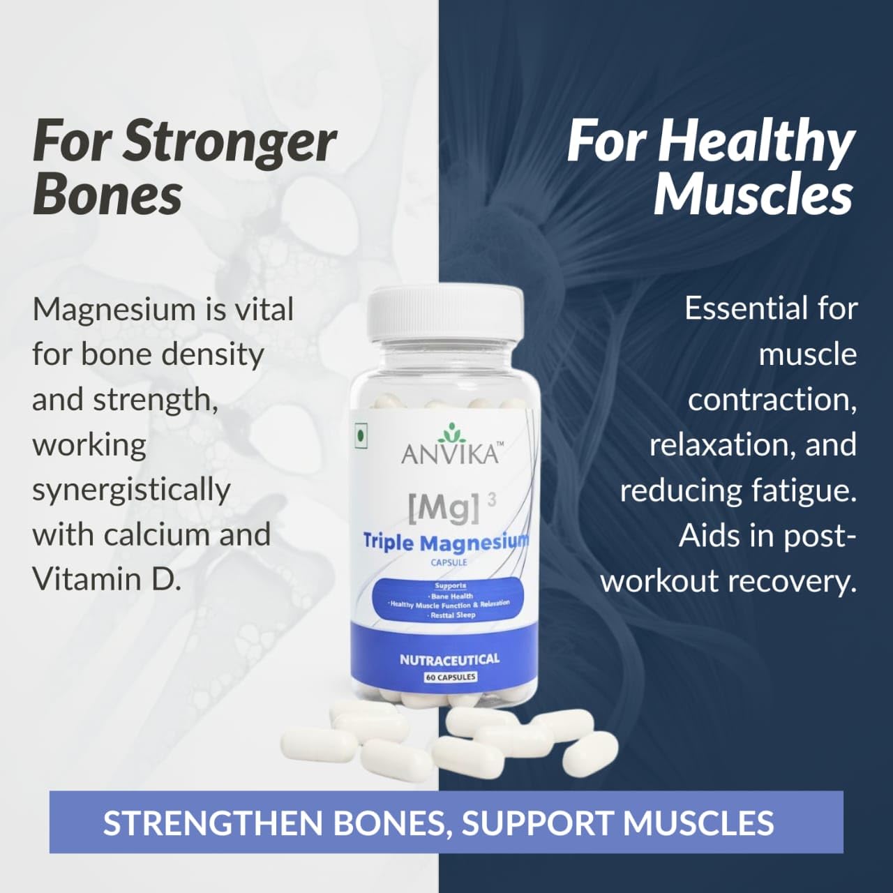 ANVIKA Triple Magnesium Complex 1000 mg Chelated Magnesium Glycinate, Citrate & Threonate | Mg³ Formula | 60 Capsules | Supports Bone Health, Muscle Relaxation & Restful Sleep | Nutraceutical Supplement for Men & Women (1)