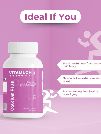 Vitamuch Calcium, Magnesium, Vitamin D2, B12 & Omega-3 Tablets | Bone Strength, Brain & Heart Health | With Zinc, Boron, Manganese & Copper | 30 Days Pack (60 Veg Tablets)
