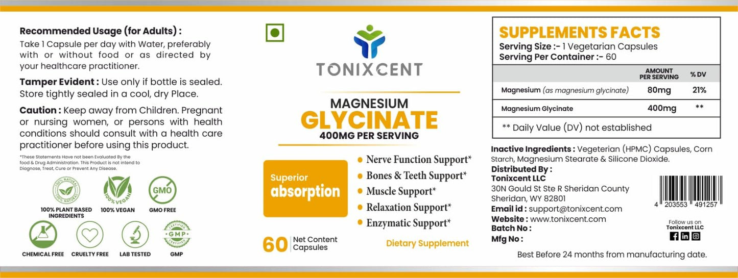 TONIXCENT Calm Digestion Blend | Garlic 650mg & Magnesium Glycinate 400mg Capsules | Supports Stress Relief, Heart Health & Muscle Recovery | 60+60 Vegan Capsules
