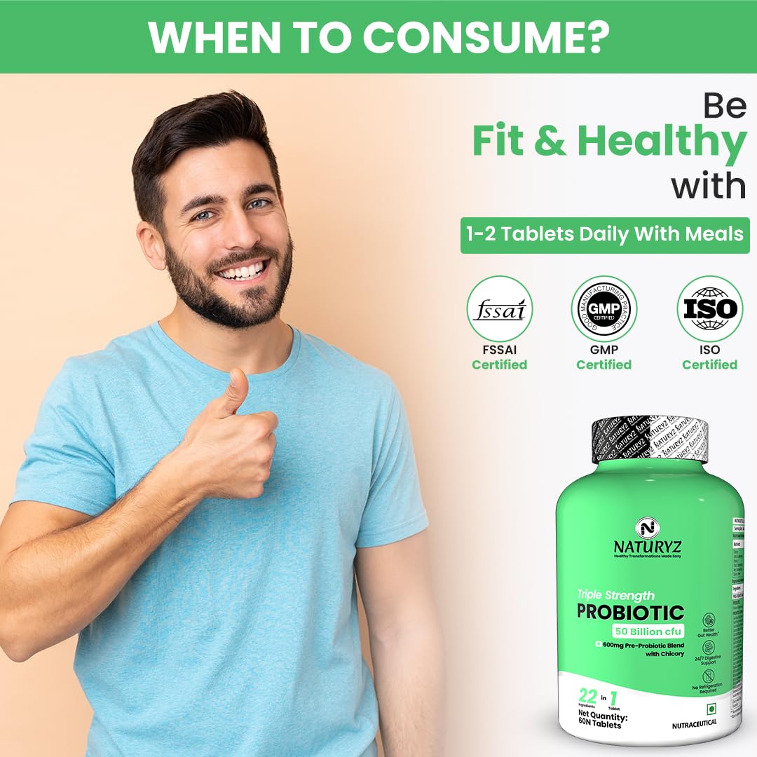 NATURYZ Triple Strength Probiotic 50 Billion CFU with Highest Pre-Probiotic 600 Mg | Chicory Root | 22 Nutrients for Gut Health | 24/7 Digestion | Supports in Occasional Constipation, Diarrhea, Gas & Bloating for Women & Men | No Refrigeration required -