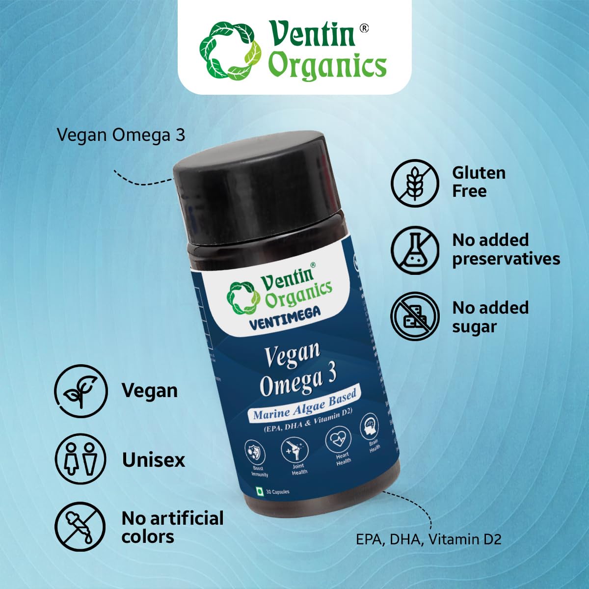 Ventin Organics Ventimega Vegan Omega 3 | 30N | Marine Algae Extract with EPA & DHA | Enhanced with Vitamin D2 | Supports Muscles & Joints, Heart & Brain Health | For Both Men & Women