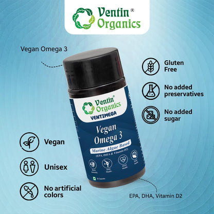 Ventin Organics Ventimega Vegan Omega 3 | 30N | Marine Algae Extract with EPA & DHA | Enhanced with Vitamin D2 | Supports Muscles & Joints, Heart & Brain Health | For Both Men & Women